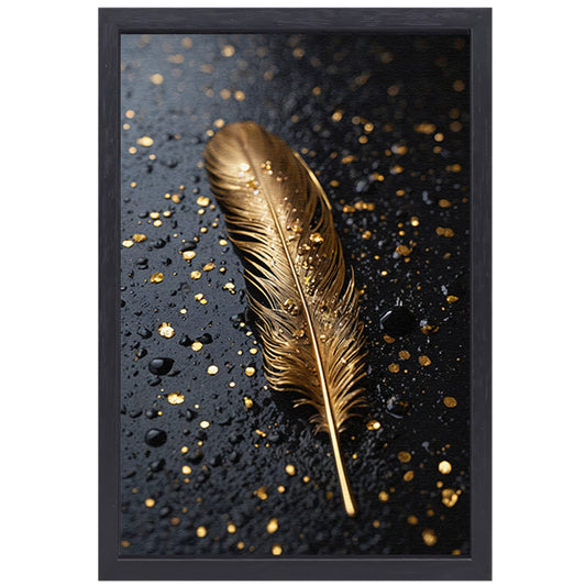 Gouden Veer met Druppels op Zwart canvas met baklijst