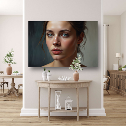 Jonge vrouw met dromerige blauwe ogen canvas met baklijst