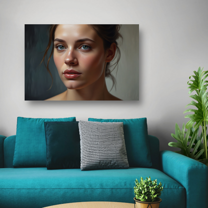 Jonge vrouw met dromerige blauwe ogen canvas met baklijst