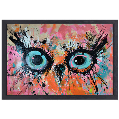 Kleurrijk abstract schilderij van een uil canvas met baklijst