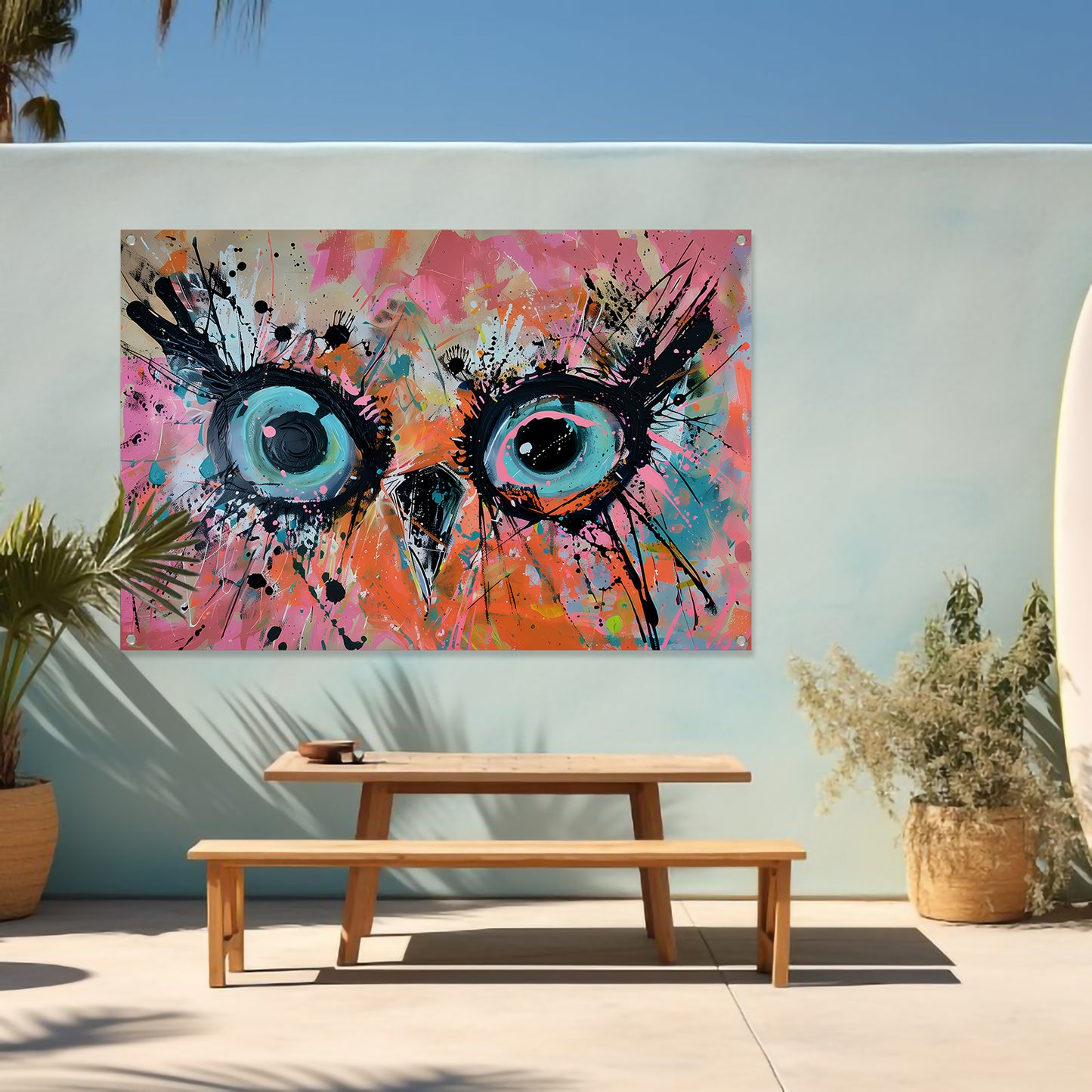 Kleurrijk abstract schilderij van een uil tuinposter