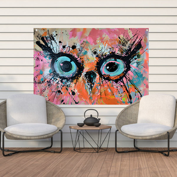 Kleurrijk abstract schilderij van een uil tuinposter