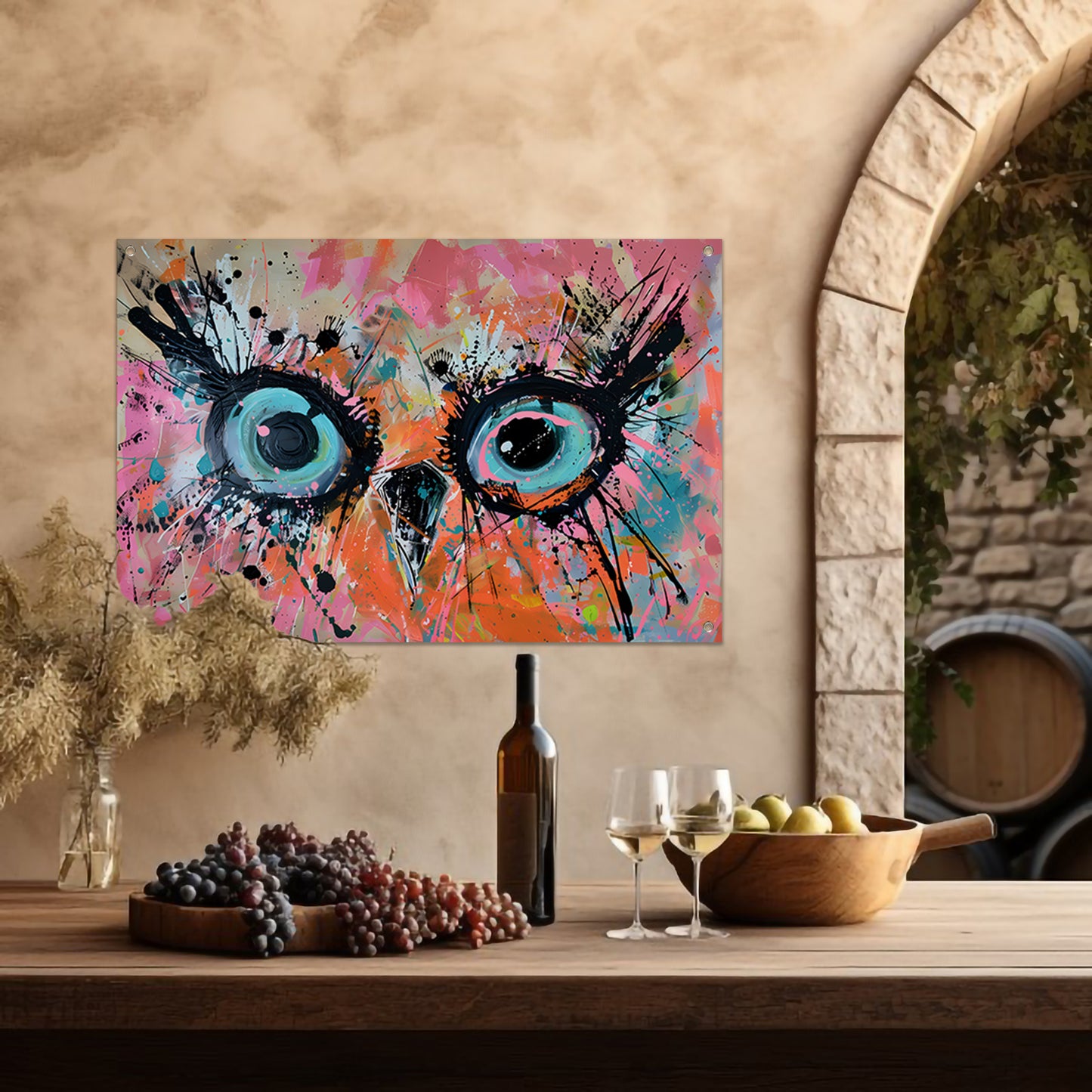 Kleurrijk abstract schilderij van een uil tuinposter