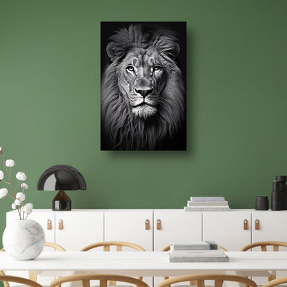 Koning der Dieren: Zwarte en Witte Leeuw canvas met baklijst