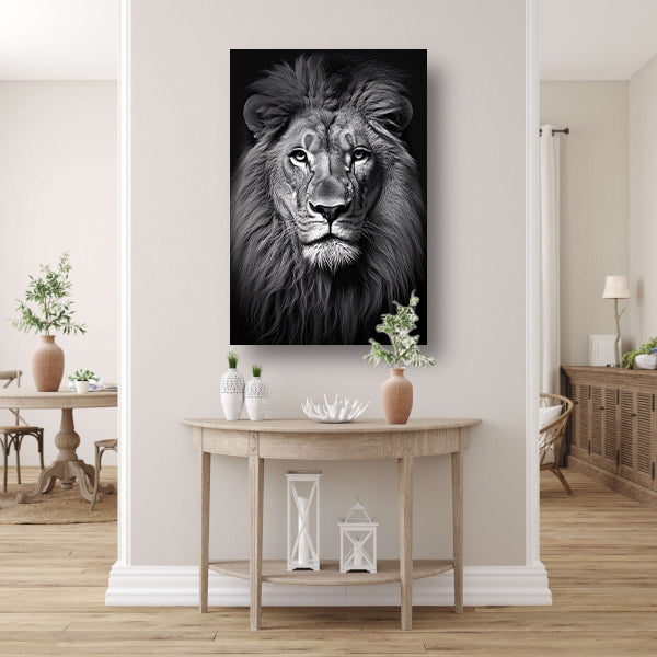 Koning der Dieren: Zwarte en Witte Leeuw canvas met baklijst