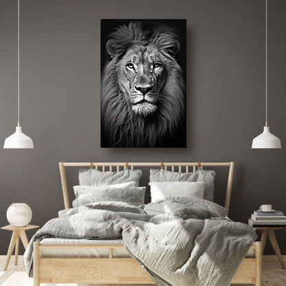 Koning der Dieren: Zwarte en Witte Leeuw canvas met baklijst