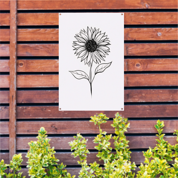 Minimalistische zwart-witte zonnebloem lijnkunst tuinposter