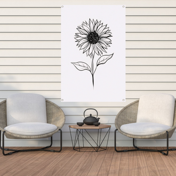 Minimalistische zwart-witte zonnebloem lijnkunst tuinposter