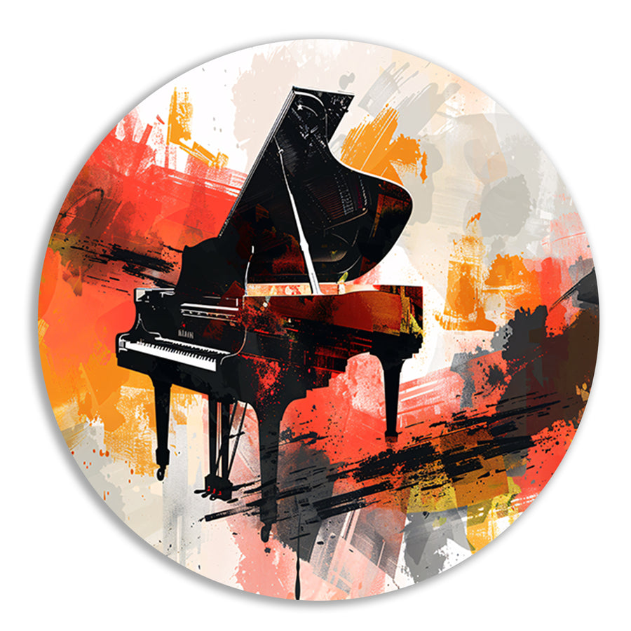 Abstracte piano met vurige kleurenexplosie aluminium muurcirkel