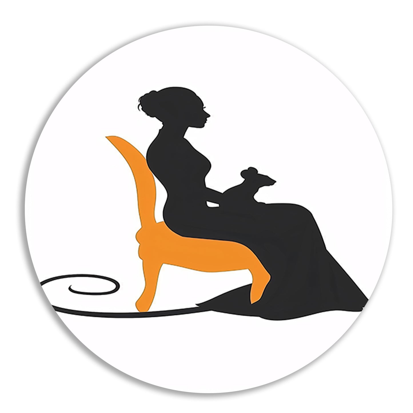 Silhouet van vrouw met muis op stoel aluminium muurcirkel