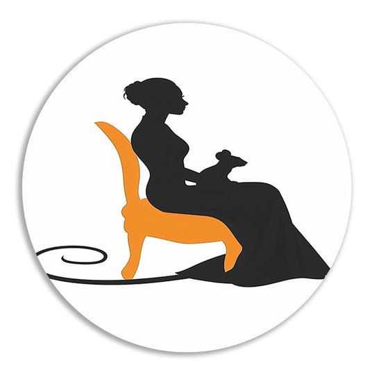 Silhouet van vrouw met muis op stoel aluminium muurcirkel