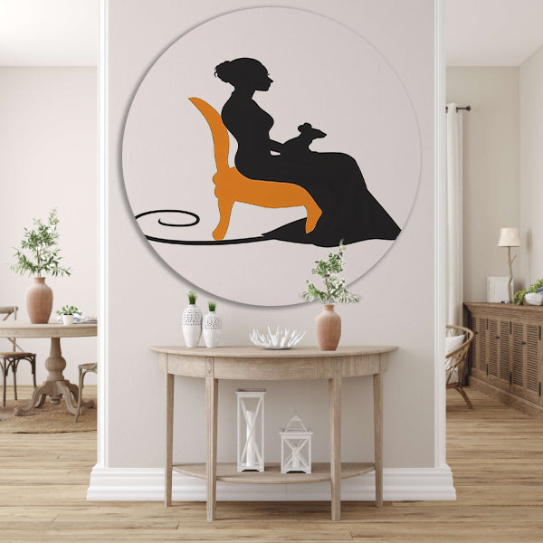 Silhouet van vrouw met muis op stoel aluminium muurcirkel