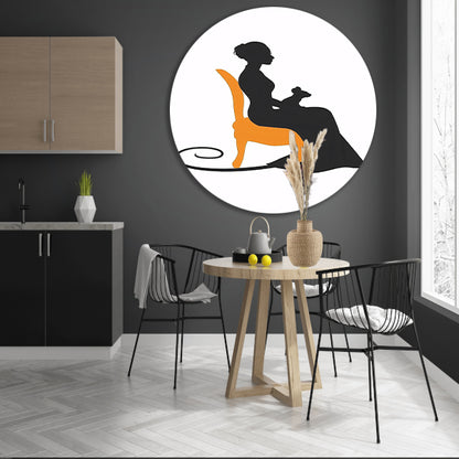 Silhouet van vrouw met muis op stoel aluminium muurcirkel