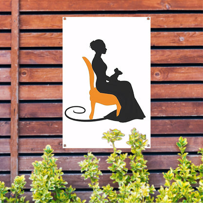 Silhouet van vrouw met muis op stoel tuinposter