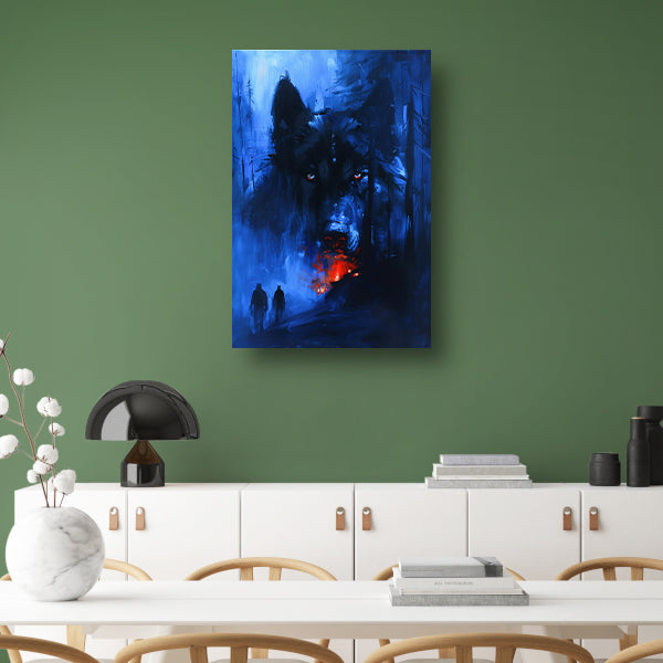 Mystieke wolf met vurige ogen in bos canvas met baklijst