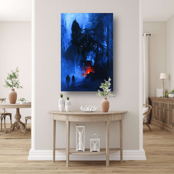 Mystieke wolf met vurige ogen in bos canvas met baklijst