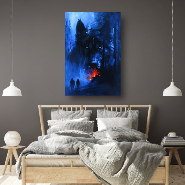 Mystieke wolf met vurige ogen in bos canvas met baklijst
