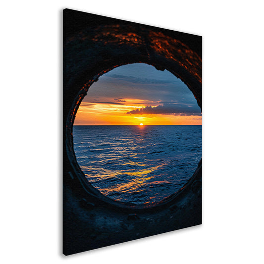 Zeezicht bij zonsondergang door patrijspoort canvas