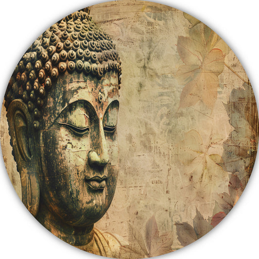 Serene Boeddha met herfstbladeren in sepia aluminium muurcirkel