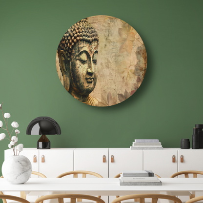 Serene Boeddha met herfstbladeren in sepia aluminium muurcirkel