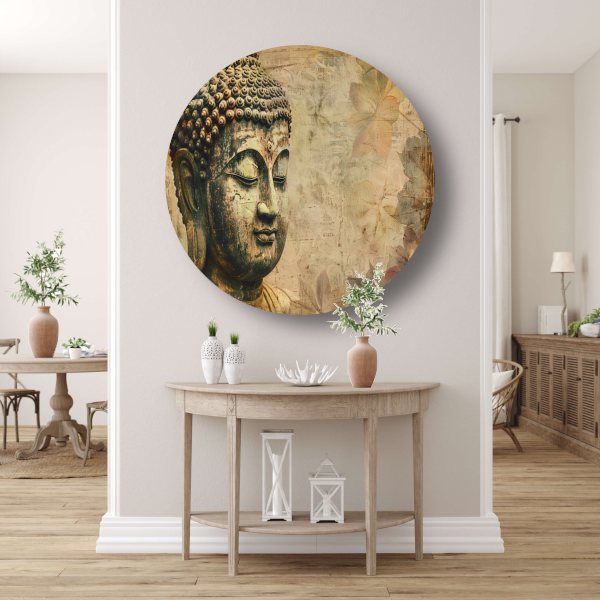 Serene Boeddha met herfstbladeren in sepia aluminium muurcirkel