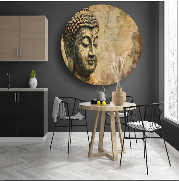 Serene Boeddha met herfstbladeren in sepia aluminium muurcirkel