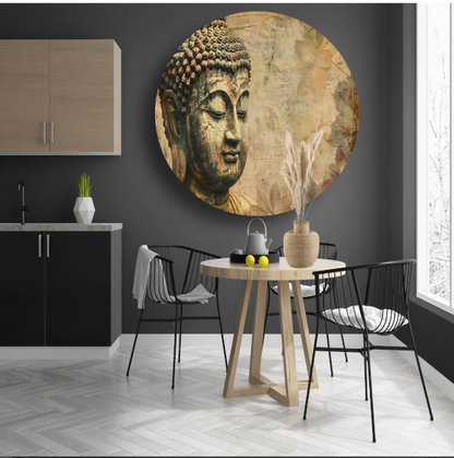 Serene Boeddha met herfstbladeren in sepia aluminium muurcirkel