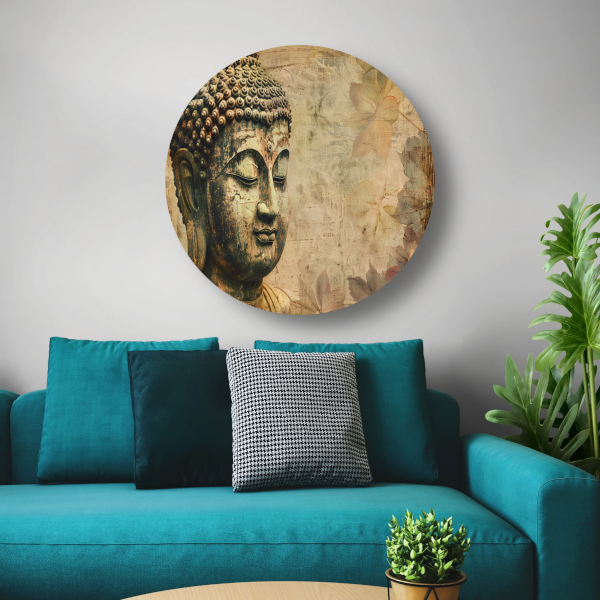 Serene Boeddha met herfstbladeren in sepia aluminium muurcirkel