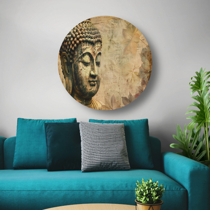 Serene Boeddha met herfstbladeren in sepia aluminium muurcirkel