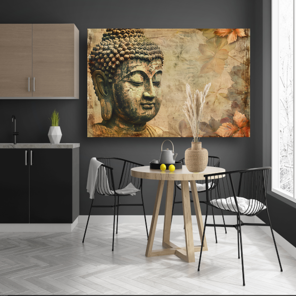 Serene Boeddha met herfstbladeren in sepia acrylglas