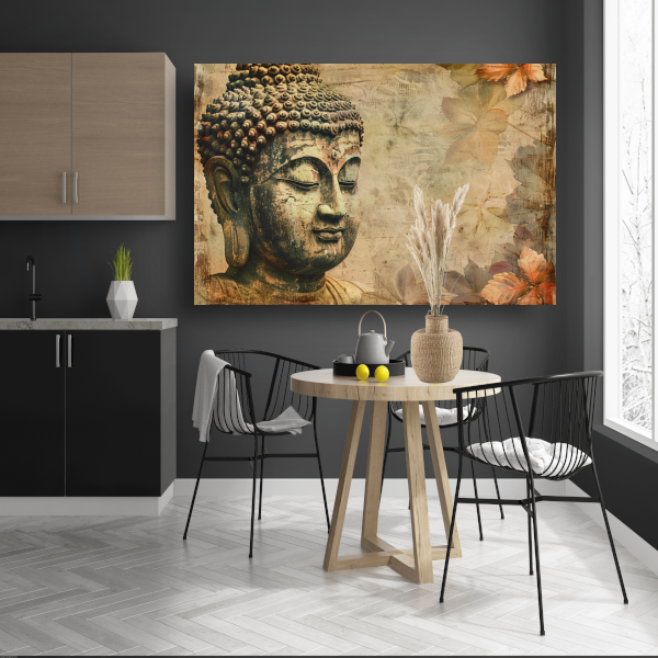 Serene Boeddha met herfstbladeren in sepia canvas met baklijst