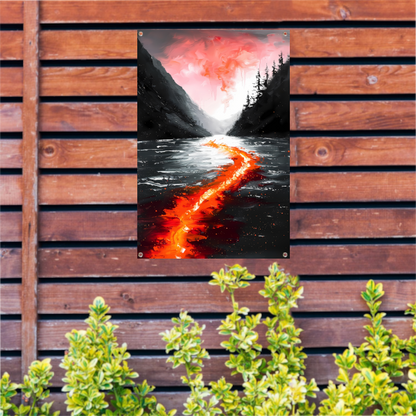 Abstracte rivier door een berglandschap tuinposter