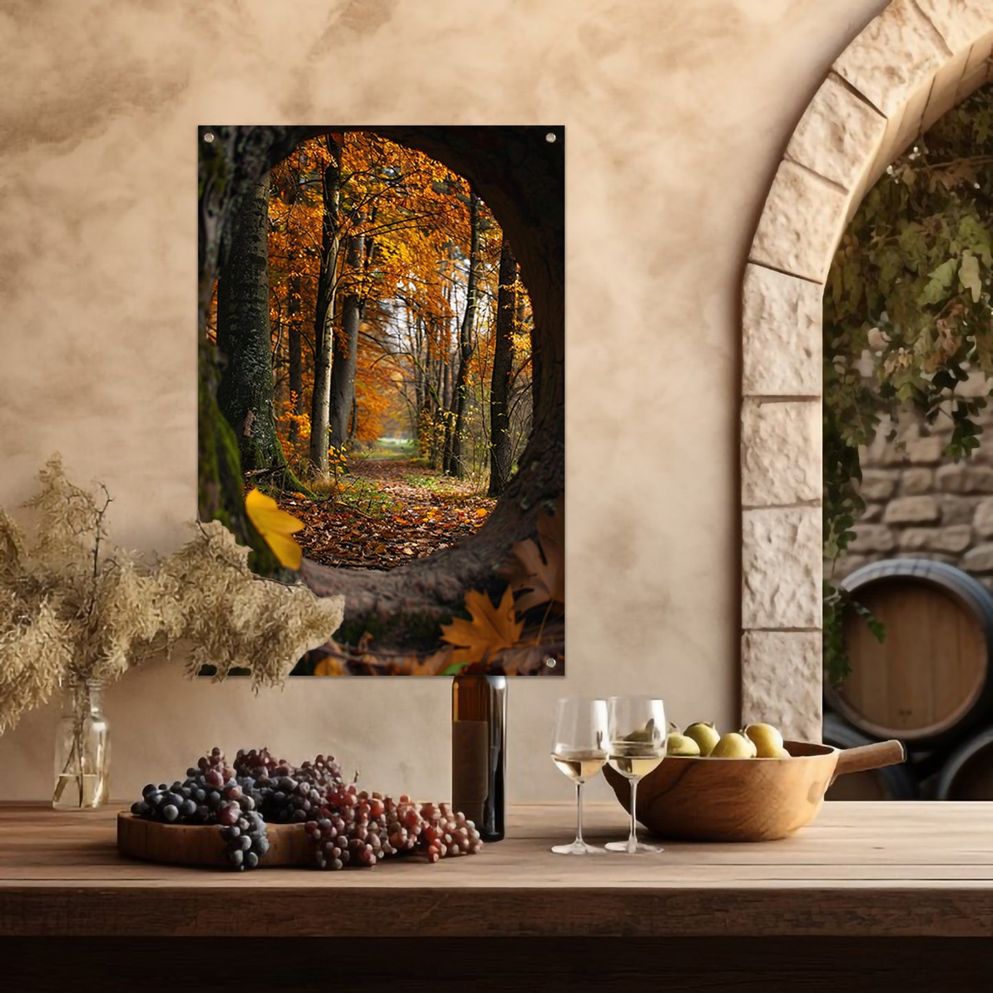 Herfstbos door een holle boom tuinposter