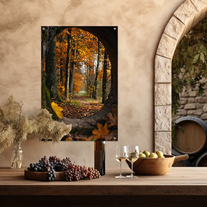 Herfstbos door een holle boom tuinposter