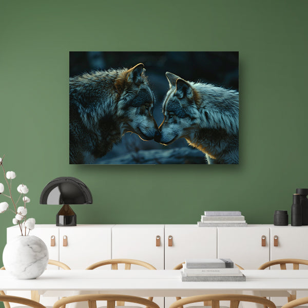 Twee wolven in donkere omgeving canvas met baklijst