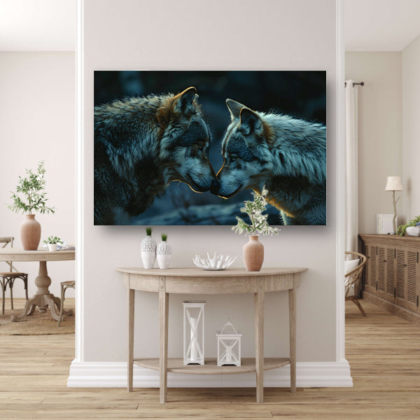 Twee wolven in donkere omgeving canvas met baklijst