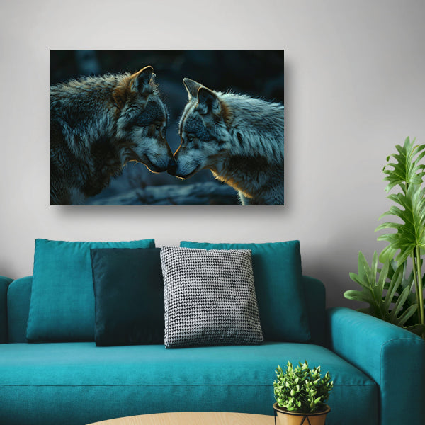 Twee wolven in donkere omgeving canvas met baklijst