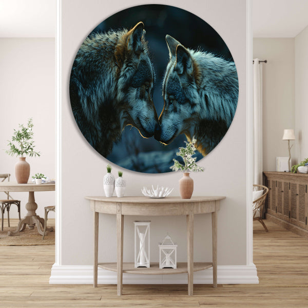 Twee wolven in donkere omgeving aluminium muurcirkel