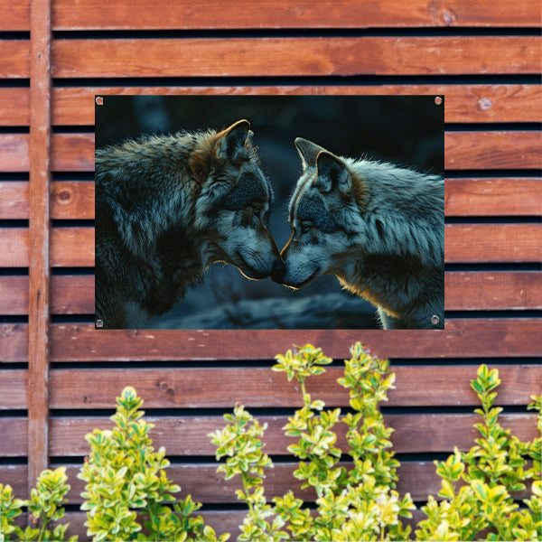 Twee wolven in donkere omgeving tuinposter