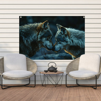 Twee wolven in donkere omgeving tuinposter