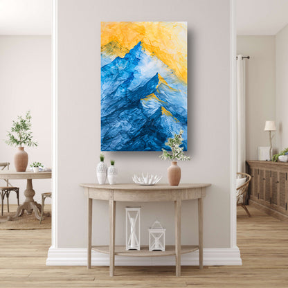 Abstract aquarel berglandschap in blauw en geel canvas met baklijst