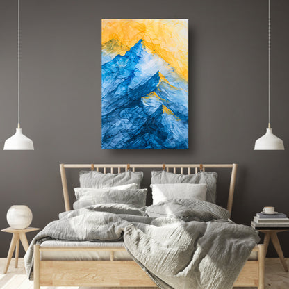 Abstract aquarel berglandschap in blauw en geel canvas met baklijst