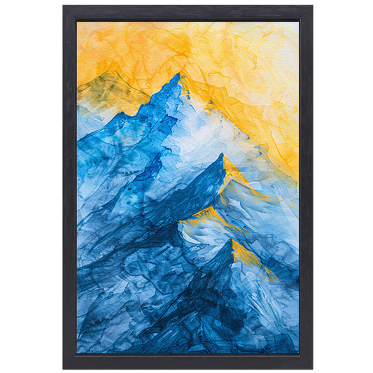 Abstract aquarel berglandschap in blauw en geel canvas met baklijst