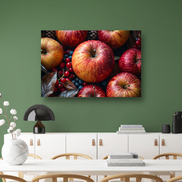 Kleurrijke ochtenddauw op verse appels poster