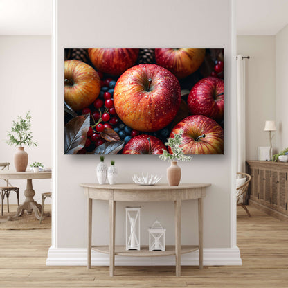 Kleurrijke ochtenddauw op verse appels poster