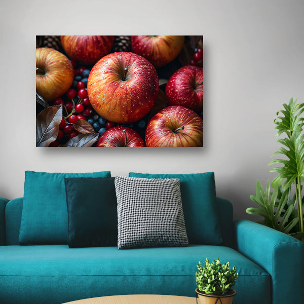 Kleurrijke ochtenddauw op verse appels poster