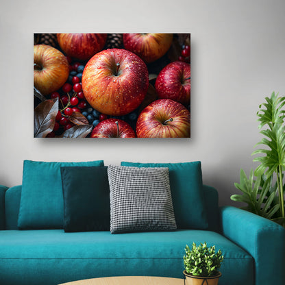 Kleurrijke ochtenddauw op verse appels poster