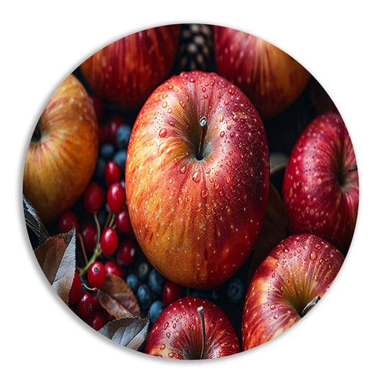 Kleurrijke ochtenddauw op verse appels aluminium muurcirkel