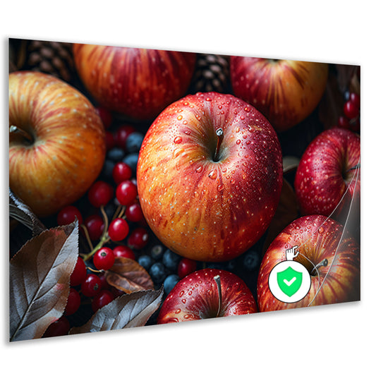 Kleurrijke ochtenddauw op verse appels poster