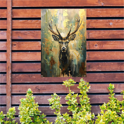 Abstract hertenschilderij met groene en gouden tinten tuinposter